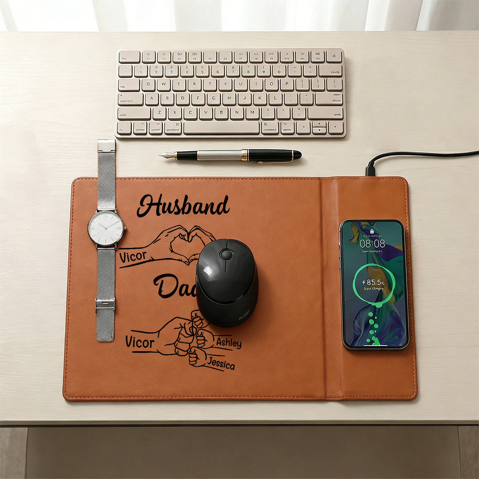 Personalized Leather Desk Charging Mat With Wireless Function Custom With 1-8 Names