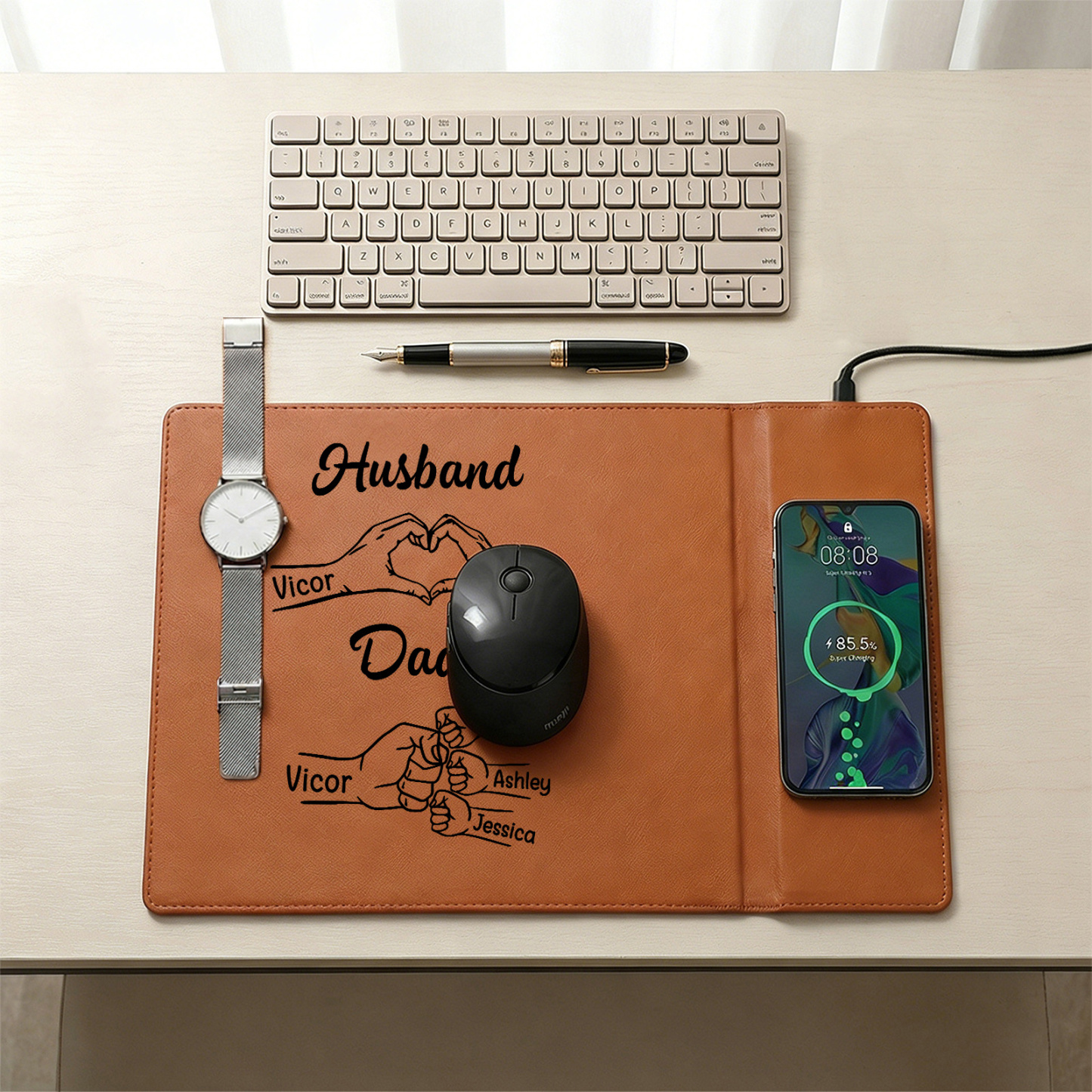 Personalized Leather Desk Charging Mat With Wireless Function Custom With 1-8 Names
