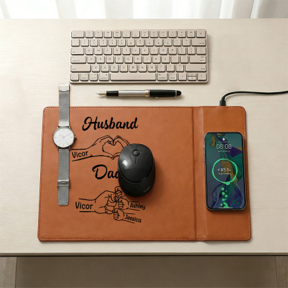 Personalized Leather Desk Charging Mat With Wireless Function Custom With 1-8 Names