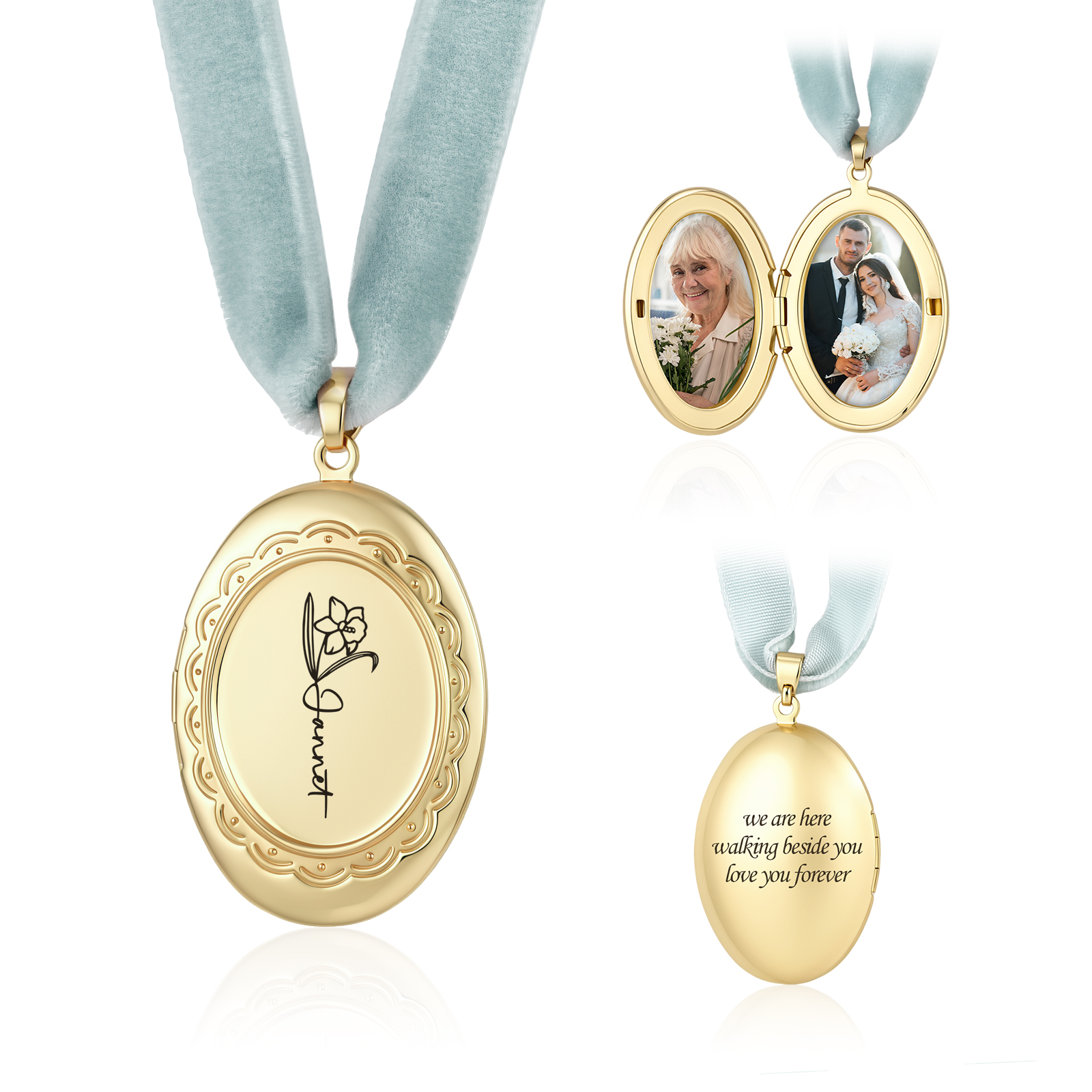 Personalized Photo Bridal Bouquet Charm with Birth Flower and Ribbon Memorial Wedding Keepsake