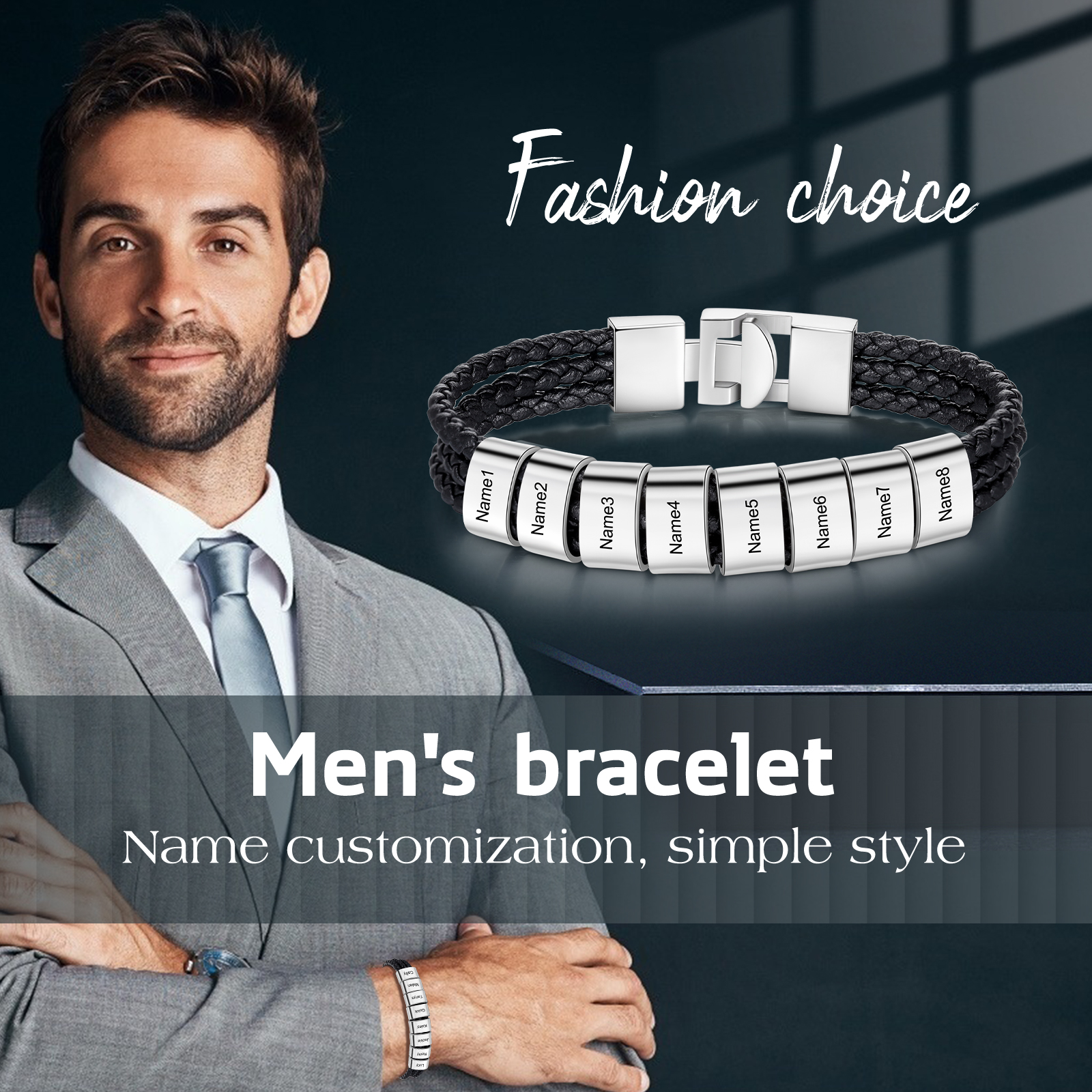 Personalized Braided Leather Bracelet Engraved 8 Names Men's Bracelet Gifts For Him