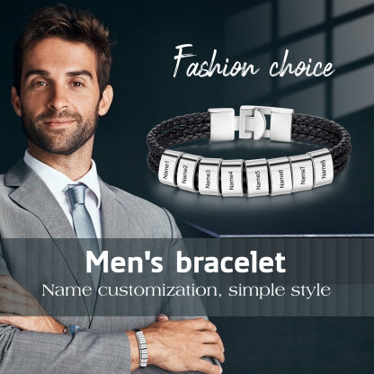 Personalized Braided Leather Bracelet Engraved 8 Names Men's Bracelet Gifts For Him