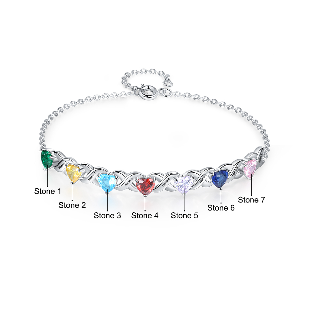 Personalized Heart Bracelet Customized With 7 Names and 7 Birthstones Family Bracelet Gift for Grandma | Jessmade