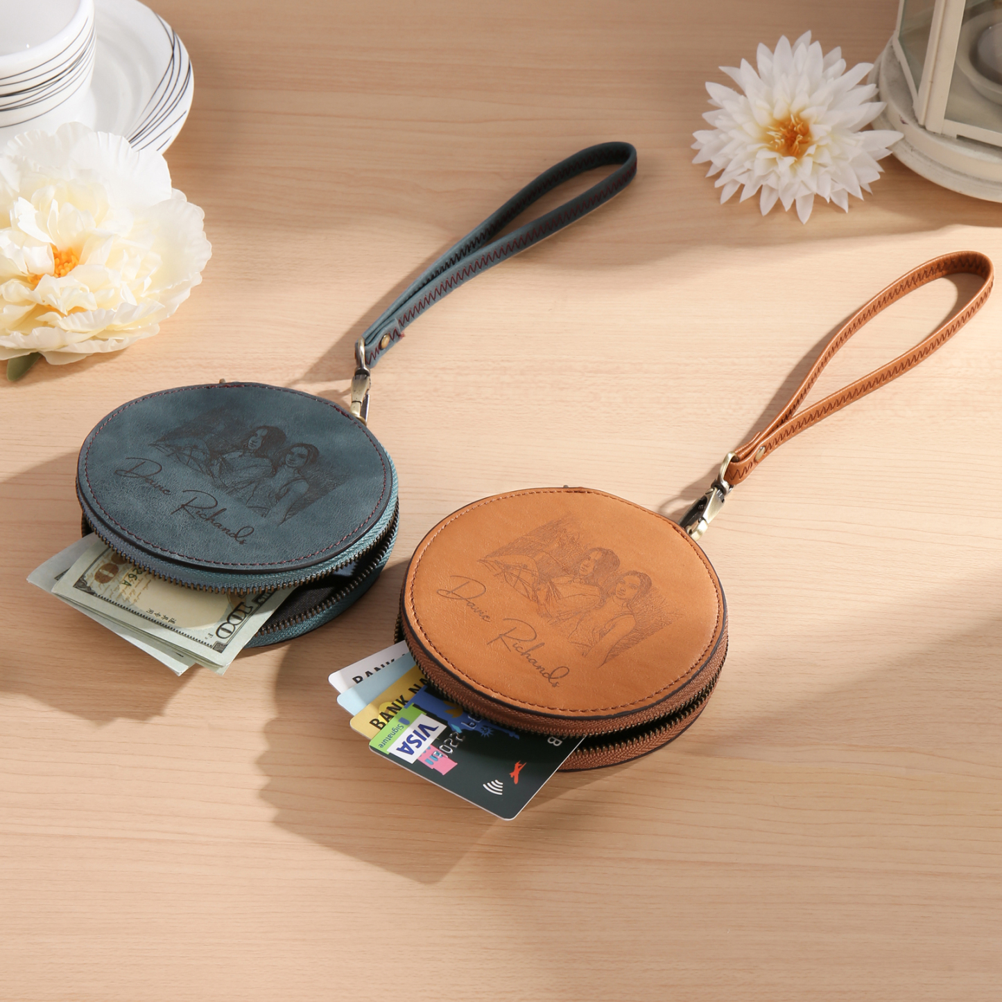 Personalized Photo Quality Leather Round Zipper Wallet Custom Text Wallet Gift for Her