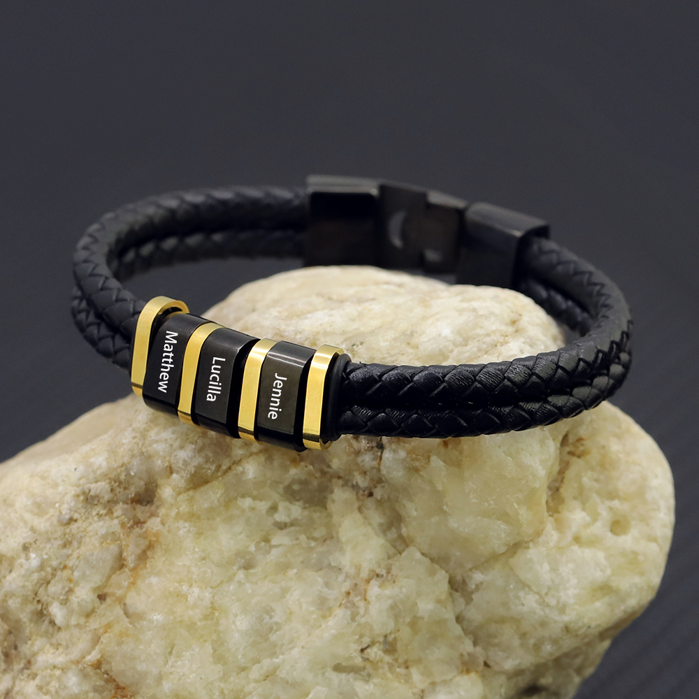 Personalized Braided Leather Bracelet Engraved 3 Names Men's Bracelet Gifts For Him