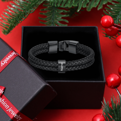 1 Name-Personalized Braided Leather Bracelet Set With Gift Box-Custom Men's Bracelet Engraved 1 Name for Him