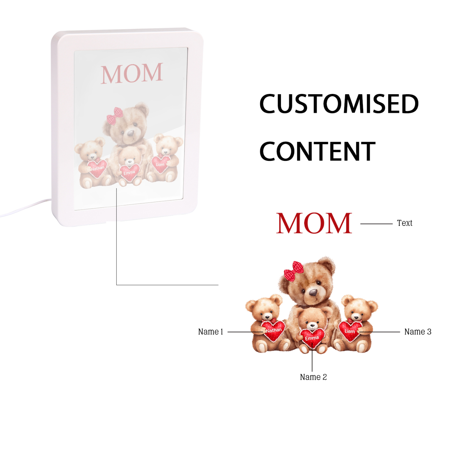 3 Names - Personalized Mom Home Bear Style Custom Text LED Night Light Gift for Mom