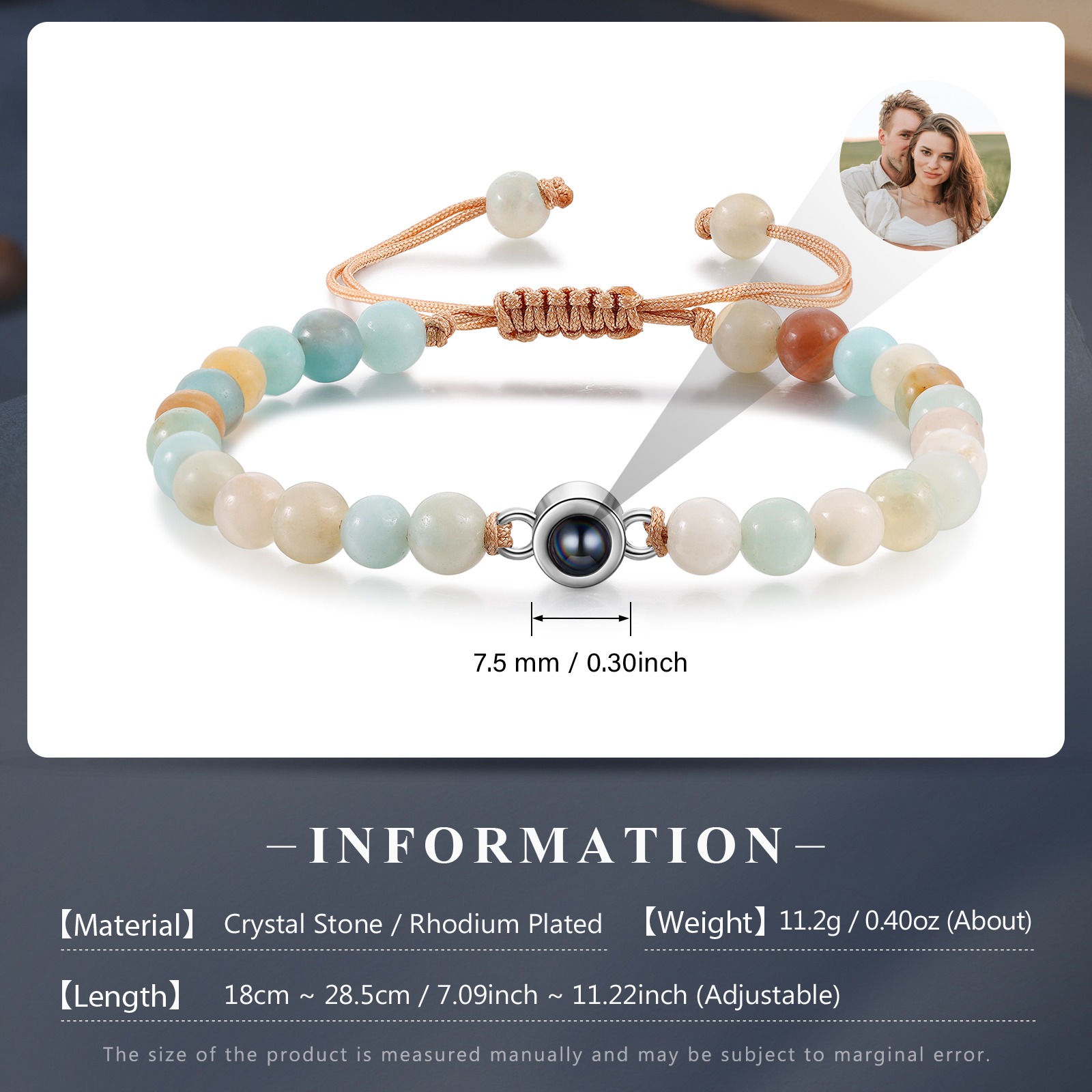 Personalized Couple Projection Beaded Bracelet Customized Photo Bracelet Adjustable Bracelet Personalized Gift