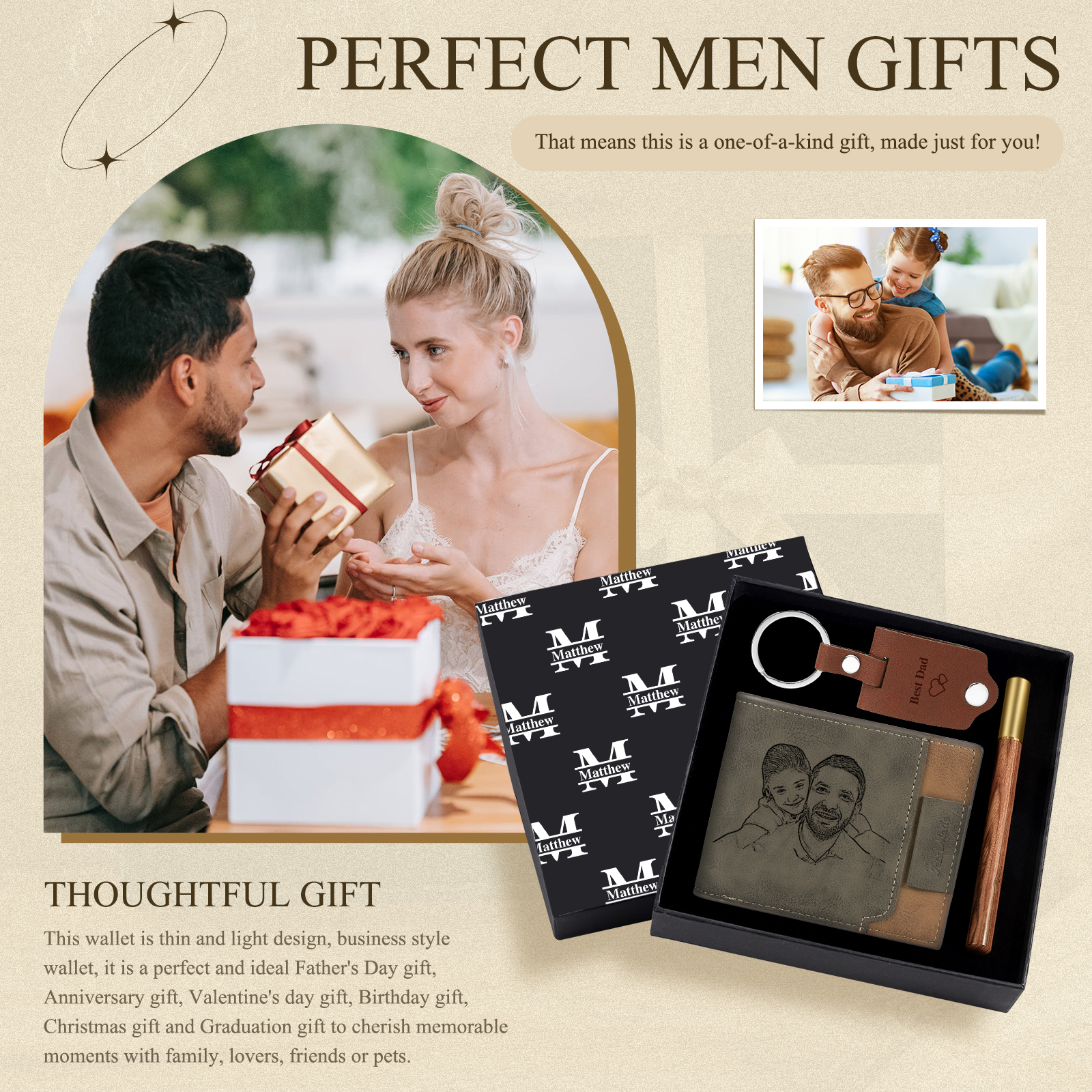 Personalized Leather Wallet Gift Box Set with Keychain Customizable Photo,Text ,Name and Letter Wallet Gift for Him