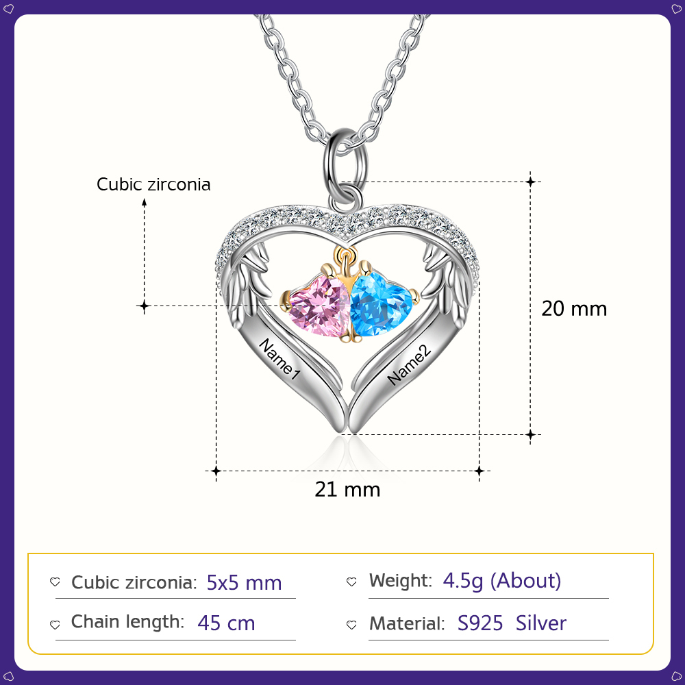 Personalized Wings S925 Silver Necklace With 2 Heart Birthstones Engraved Names Gift For Women