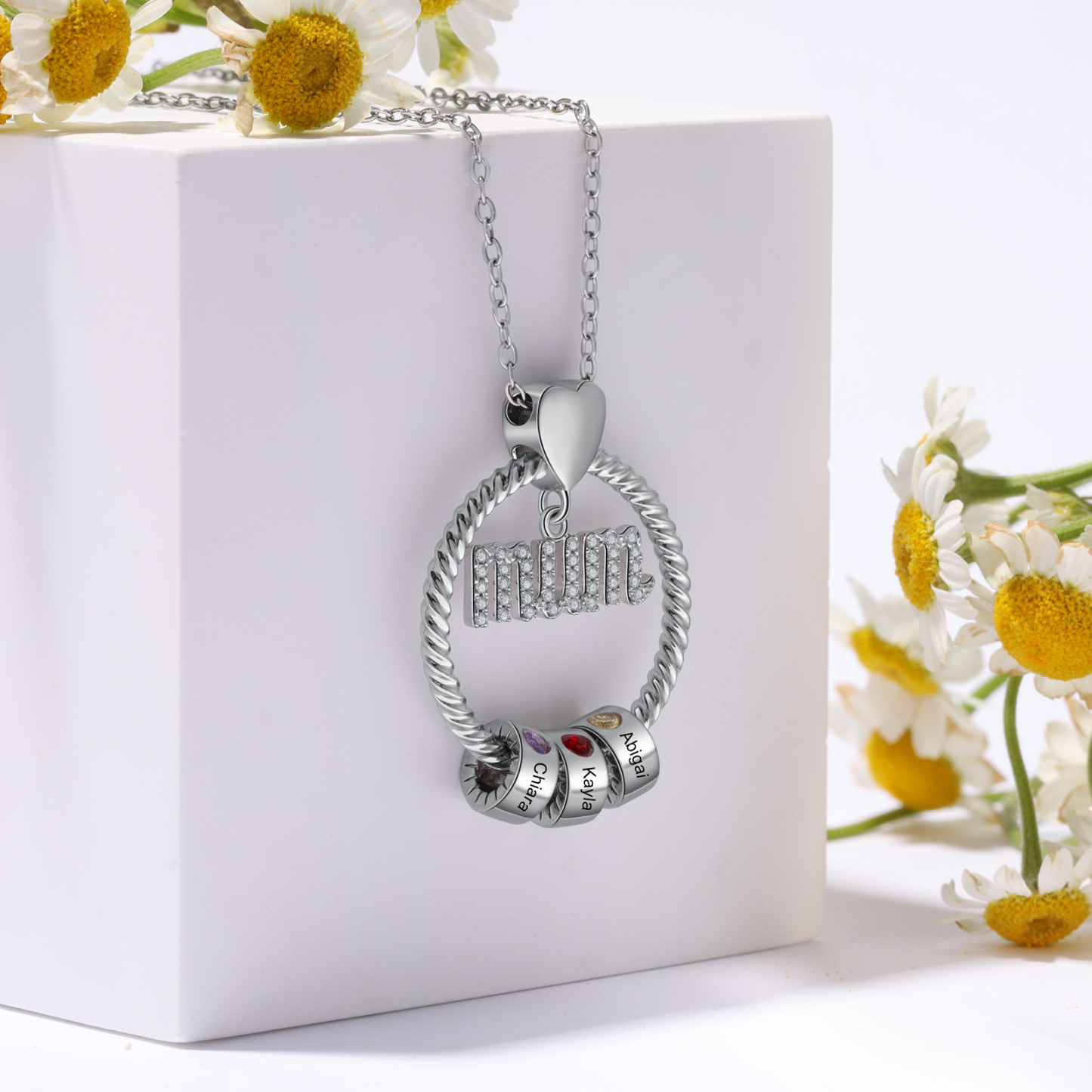 Personalized Circle Necklace With 3 Birthstones Pendant Engraved Names Gift For Mum