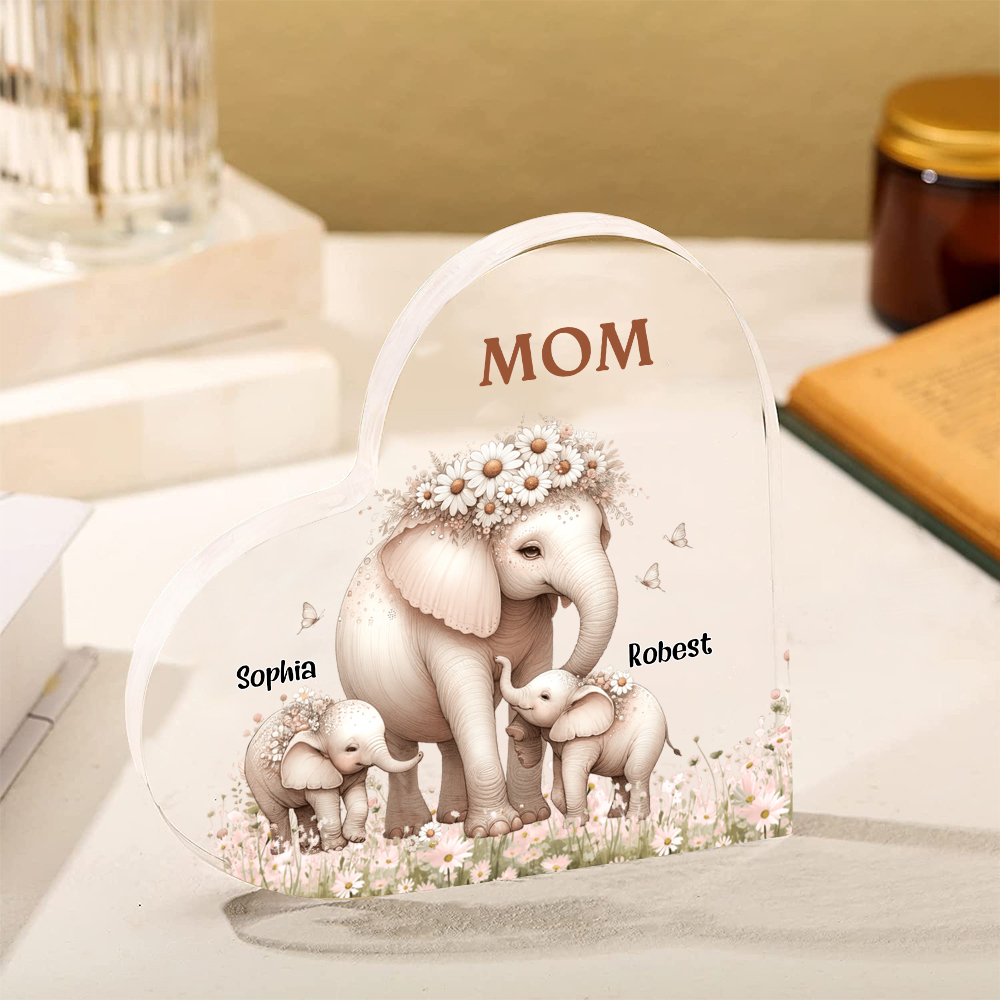 2 Names-Personalized Elephant Acrylic Heart Keepsake Custom Text Acrylic Plaque Ornaments Gifts for Mom