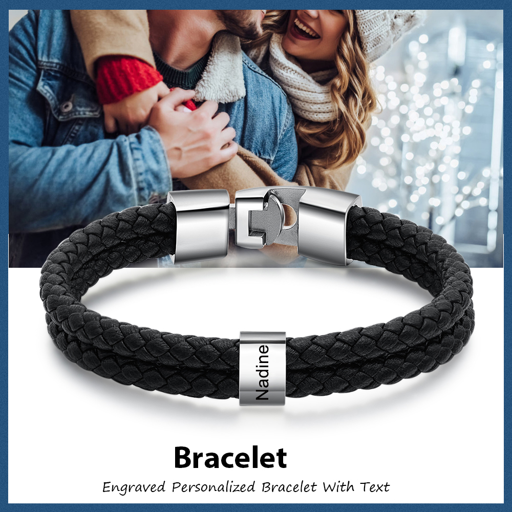 Personalized Braided Leather Bracelet Engraved 1 Name Men's Bracelet Gifts For Him