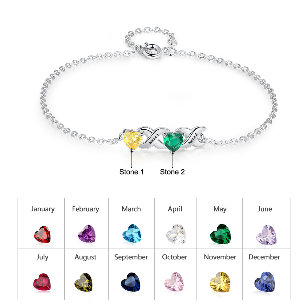 Personalized Bracelet With 2 Heart Birthstones Engraved Names Bracelet Gift For Women