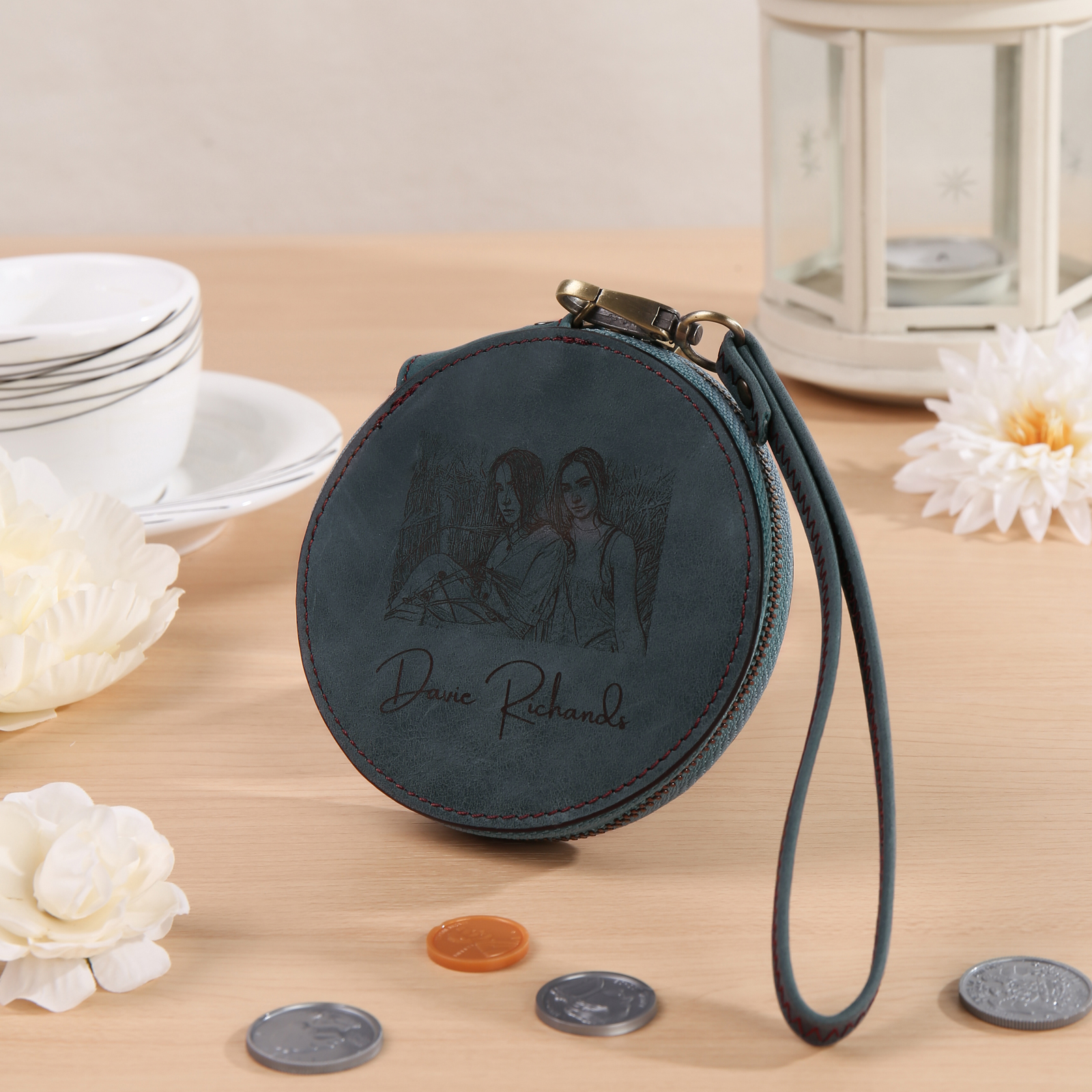 Personalized Photo Quality Leather Round Zipper Wallet Custom Text Wallet Gift for Her