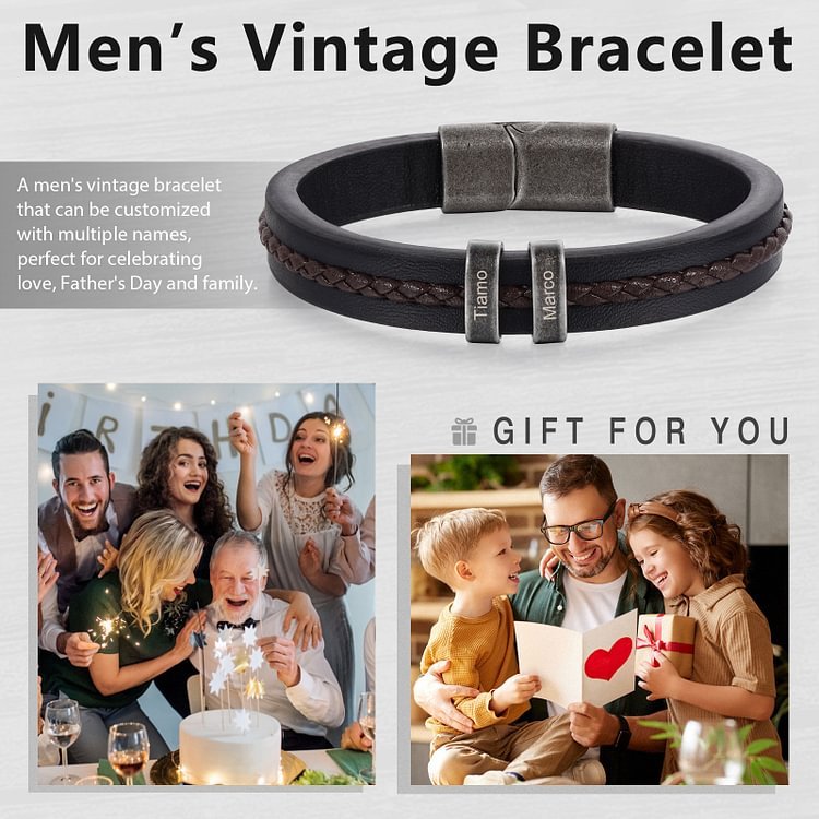 2 Names-Personalized PU Leather Braided Men's Bracelet, Custom 2 Names Bracelets Vintage Gift for Him