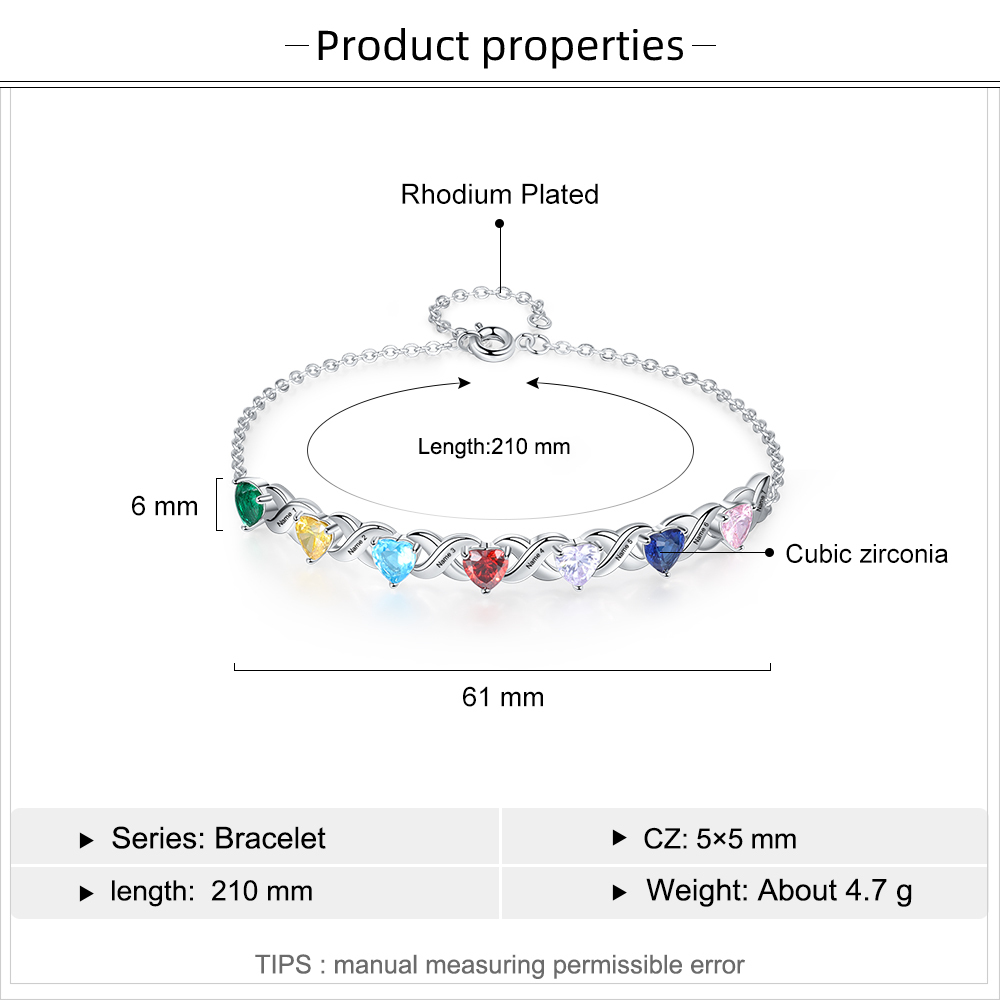 Personalized Heart Bracelet Customized With 7 Names and 7 Birthstones Family Bracelet Gift for Grandma | Jessmade