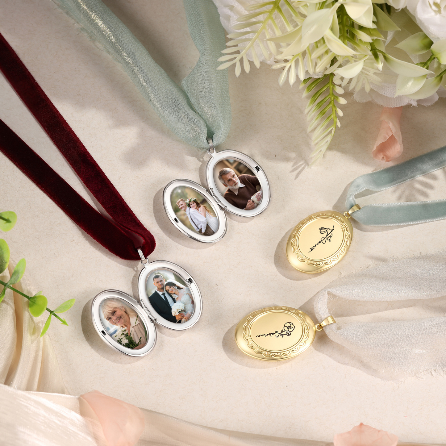 Personalized Photo Bridal Bouquet Charm with Birth Flower and Ribbon Memorial Wedding Keepsake