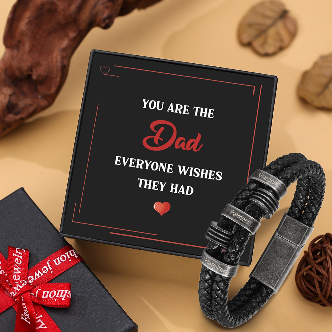 3 Names - Personalized PU Leather Men's Bracelet, Customized Name Bracelet with Gift Box Vintage Gift for Him