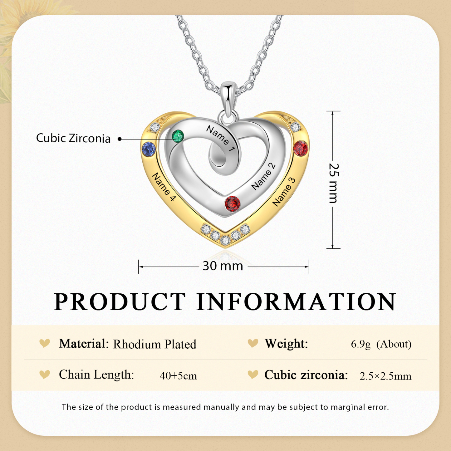 4 Names - Personalized Heart Necklace with Customized Names and Birthstone, A Perfect and Exquisite Gift for Her
