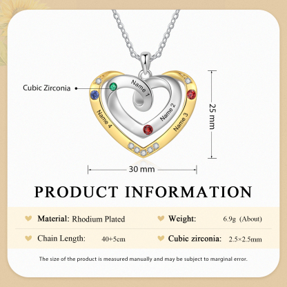 4 Names - Personalized Heart Necklace with Customized Names and Birthstone, A Perfect and Exquisite Gift for Her