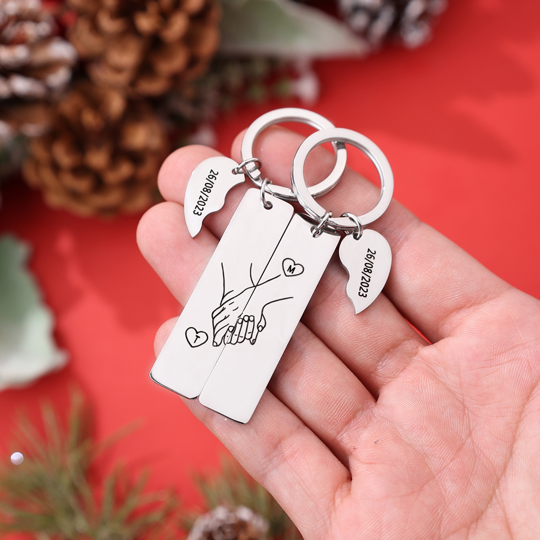 Personalized Hand in Hand Couple Keychain Set With Gift Box Gift Card, Custom Keychain Engrave Name Matching Couple Gifts, Special Gift For Him