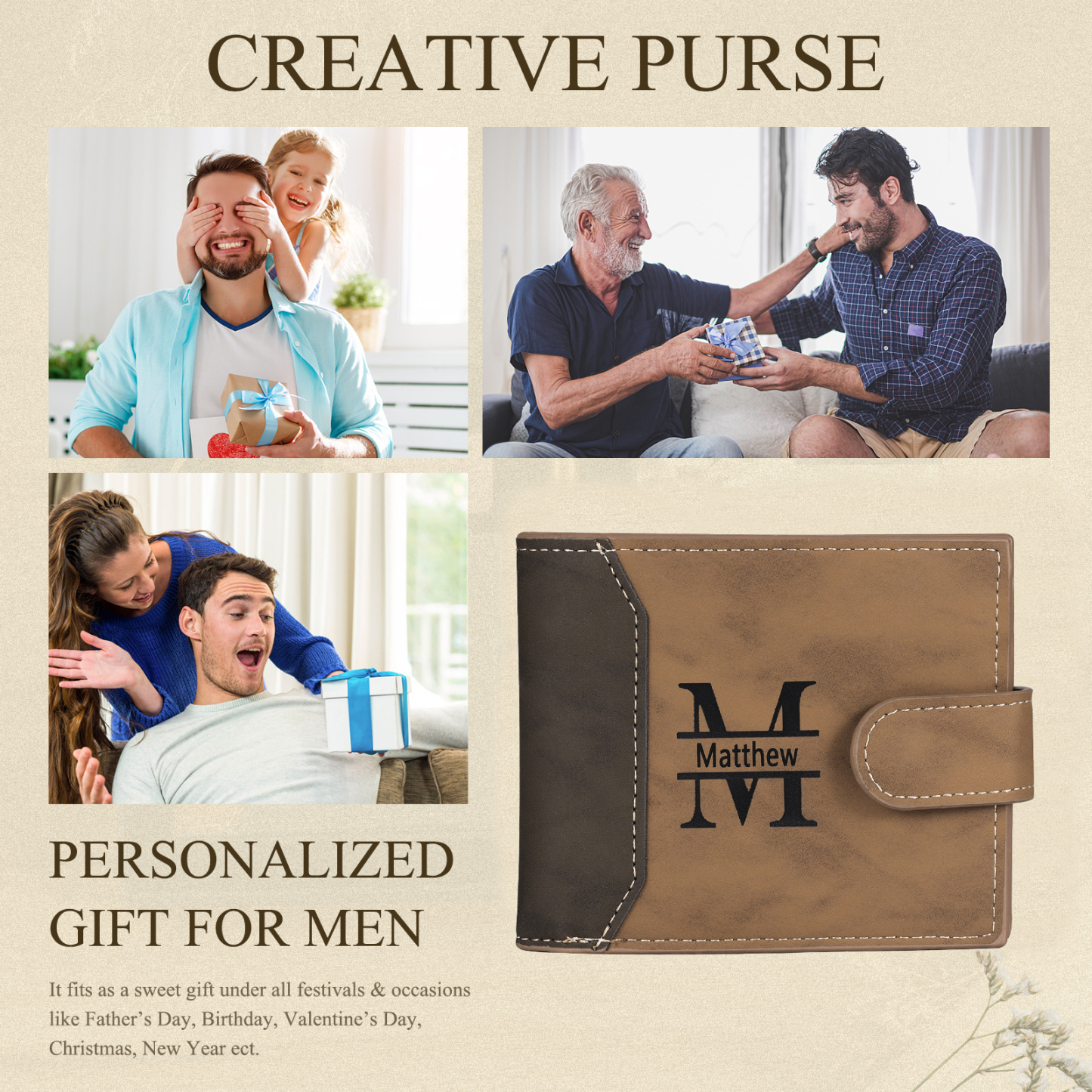 Personalized Leather Wallet Gift Box Set with Keychain Customizable Photo,Text ,Name and Letter Wallet Gift for Him