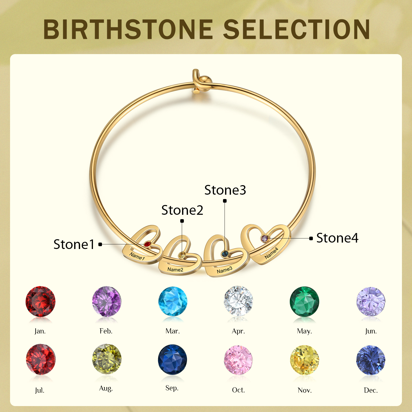 Personalized Heart Bangle With 4 Names and Birthstones Bangle Bracelet Mother's Day Gifts For women