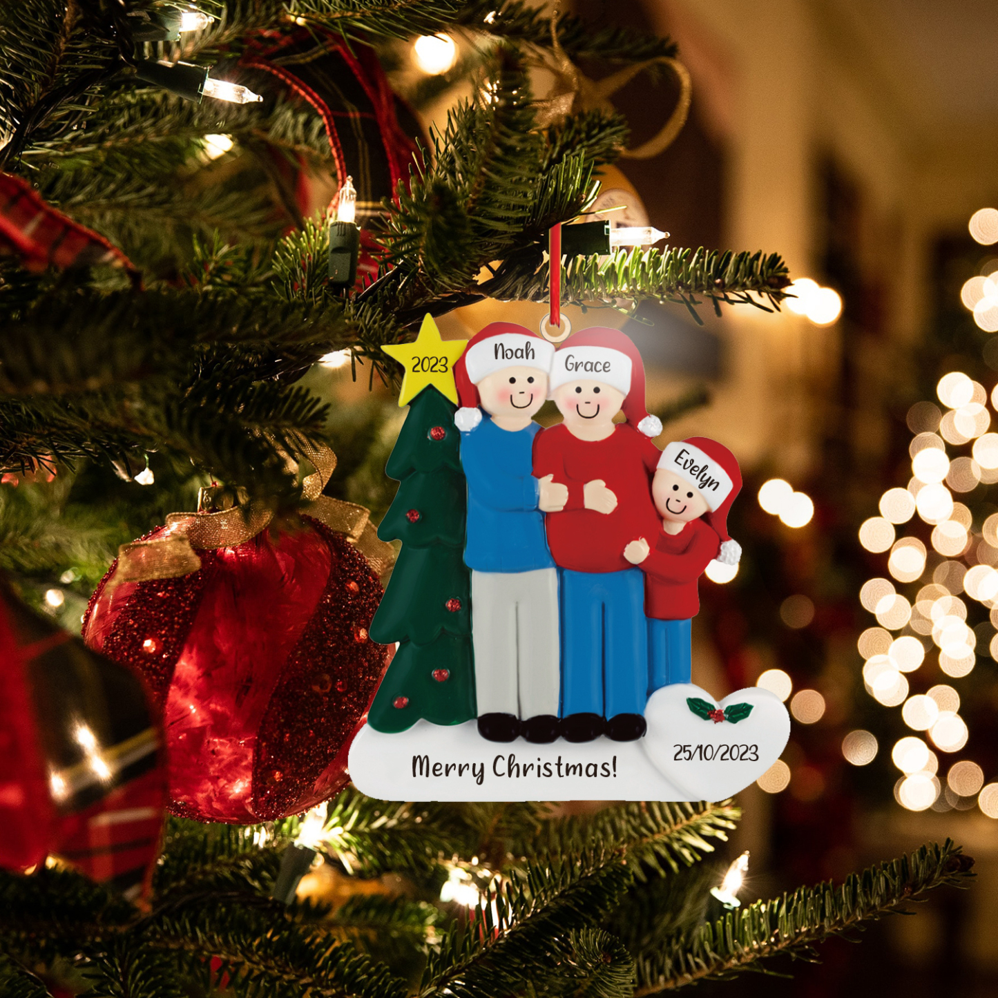 3 Names-Personalized Family Wooden Christmas Xmas Tree Decoration Ornament-Custom 3 Names And Dates Hanging Ornament Gifts For Family