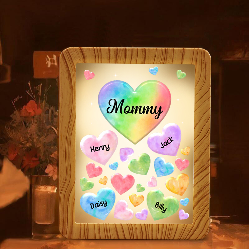 4 Names - Personalized Mom Home Wood Color Plug-in Mirror Photo Frame Custom Text LED Night Light Gift for Mom