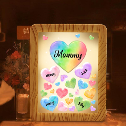 4 Names - Personalized Mom Home Wood Color Plug-in Mirror Photo Frame Custom Text LED Night Light Gift for Mom