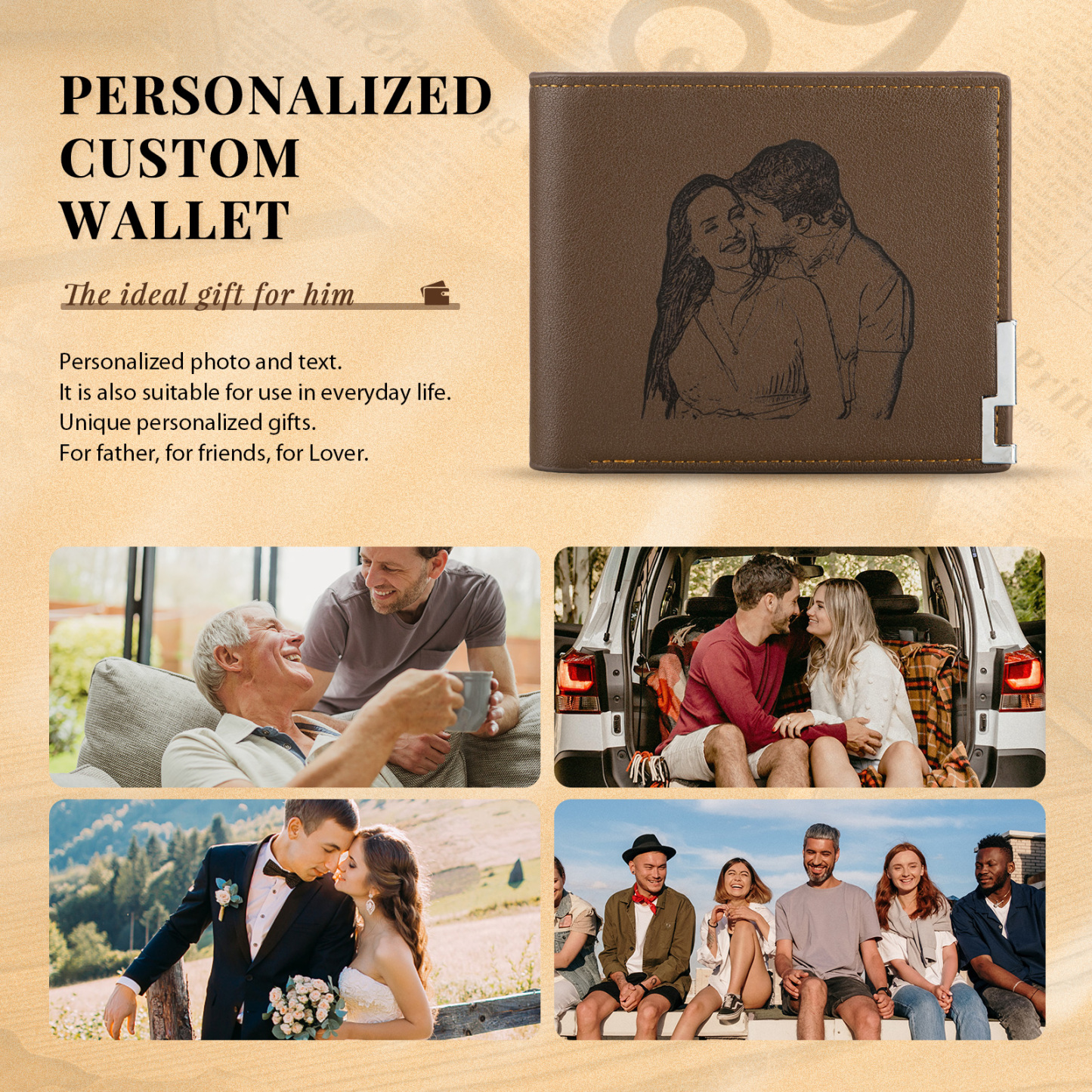 Personalized Leather Wallet Engraved Photo Folding Wallet Short Purse Love Gifts For Him