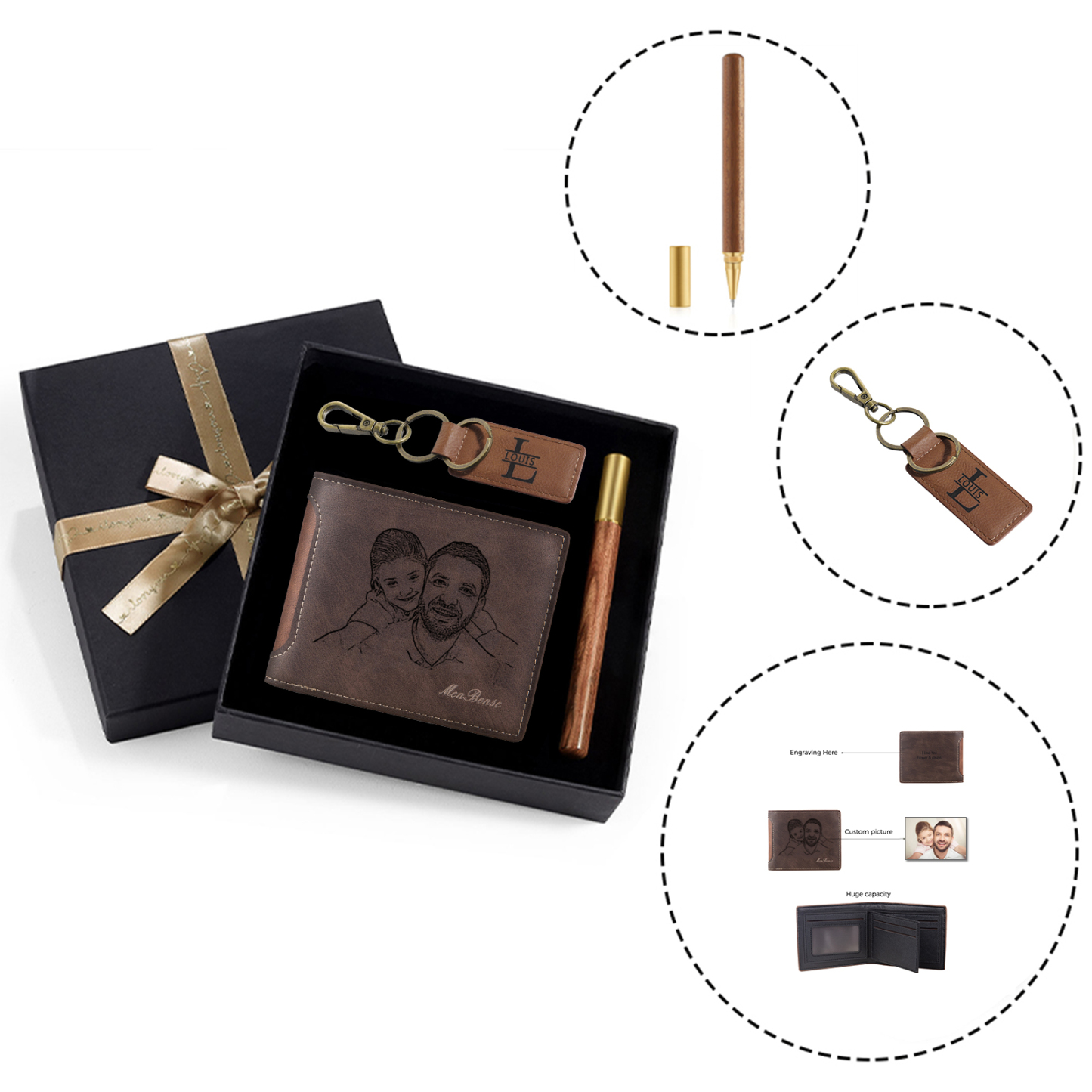 Photo Personalized Leather Wallet Gift Box Set with Keychain Customizable Letter Name Wallet Gift for Him