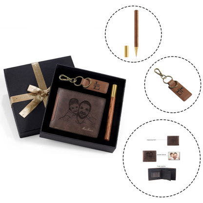 Photo Personalized Leather Wallet Gift Box Set with Keychain Customizable Letter Name Wallet Gift for Him