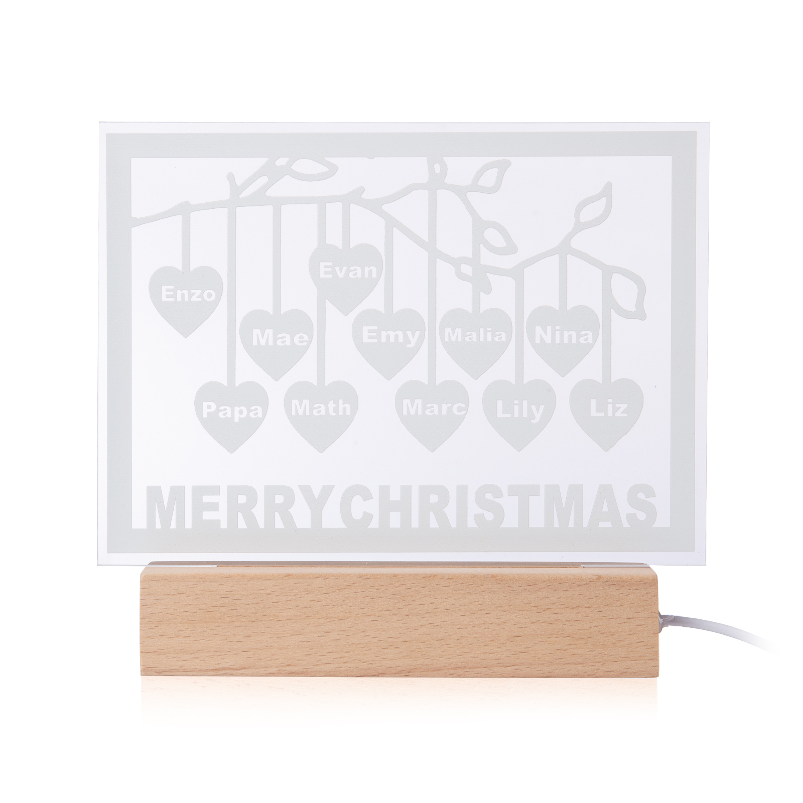 Personalized Family Tree Night Light LED Sign Engraved 11 Names Plaque USB Power Lamp