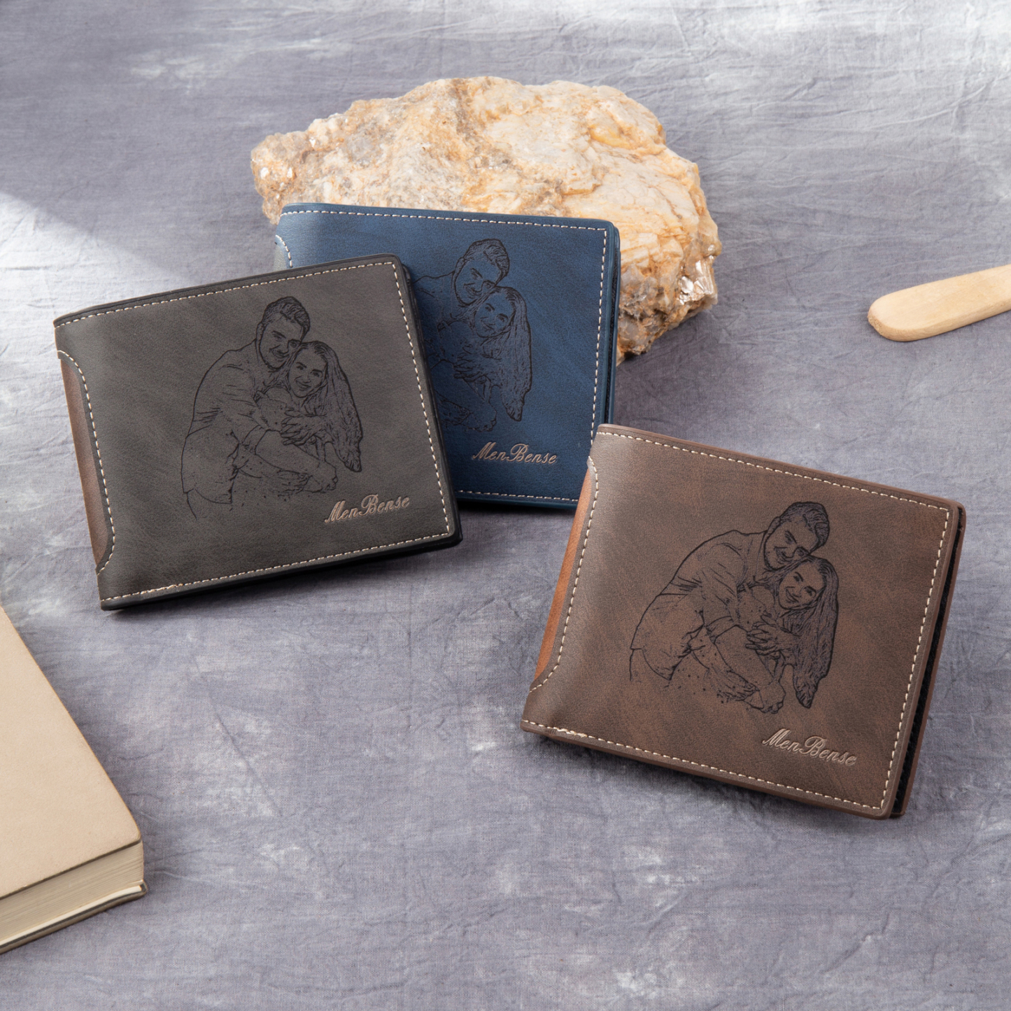 Personalized Leather Folding Wallet With Photo, Name and Letter, Gift For Dad