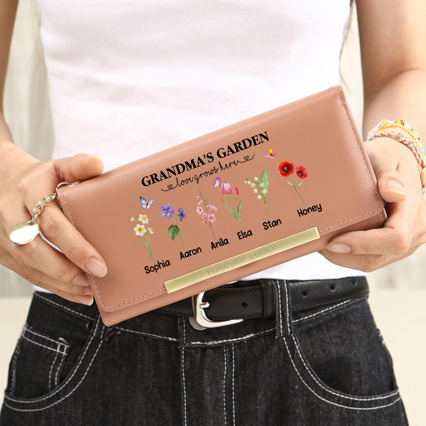 Grandparents Day Grandma Wallet Custom 1-6 Birth Flowers Names Mother’s Day Gift | Jessemade