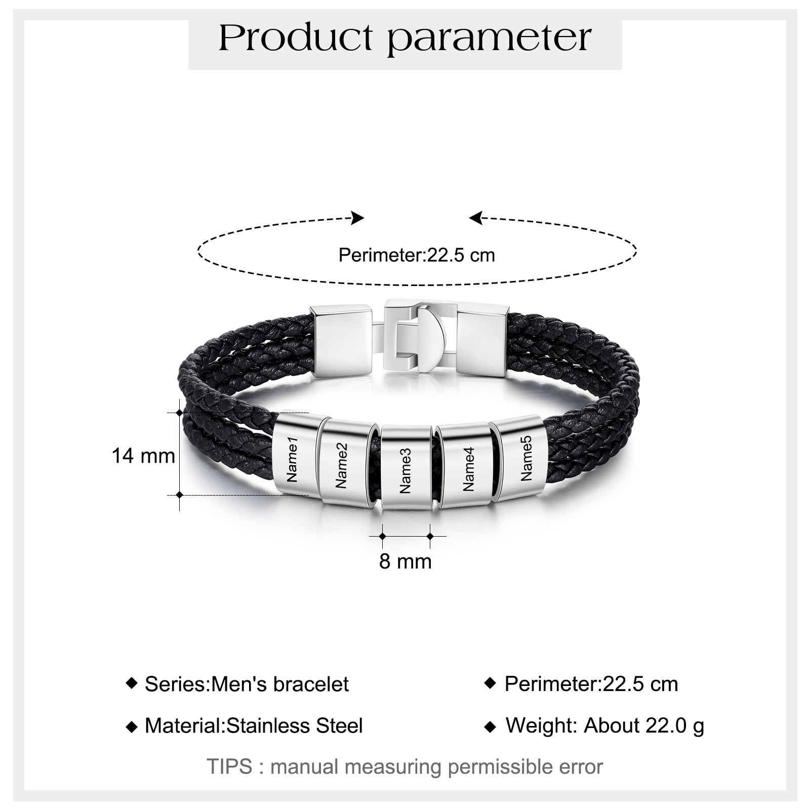 Personalized Braided Leather Bracelet Engraved 5 Names Men's Bracelet Gifts For Him