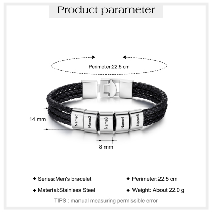 Personalized Braided Leather Bracelet Engraved 5 Names Men's Bracelet Gifts For Him