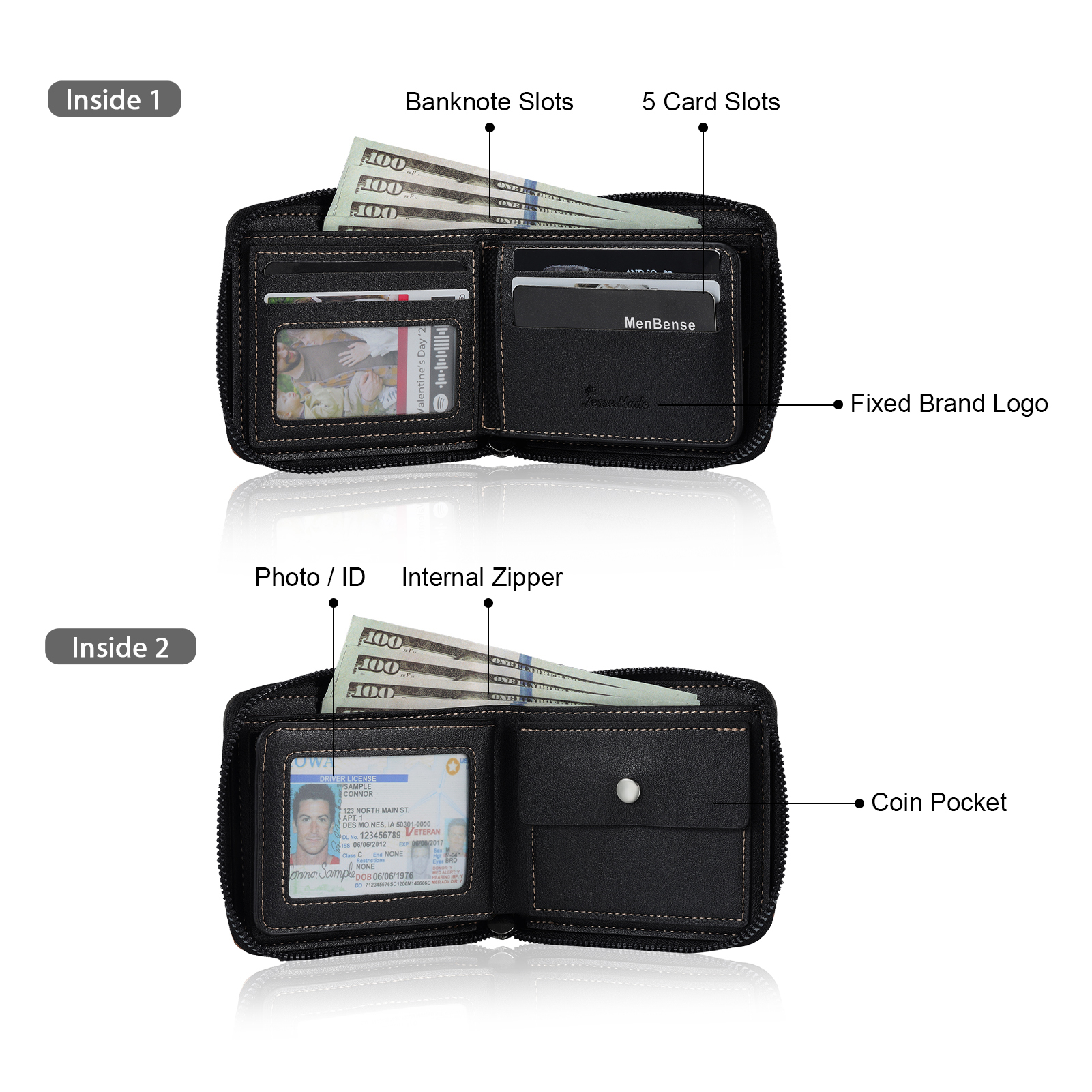 4 Names - Personalized Photo Custom Leather Men's Zipper Wallet as a Father's Day Gift for Dad