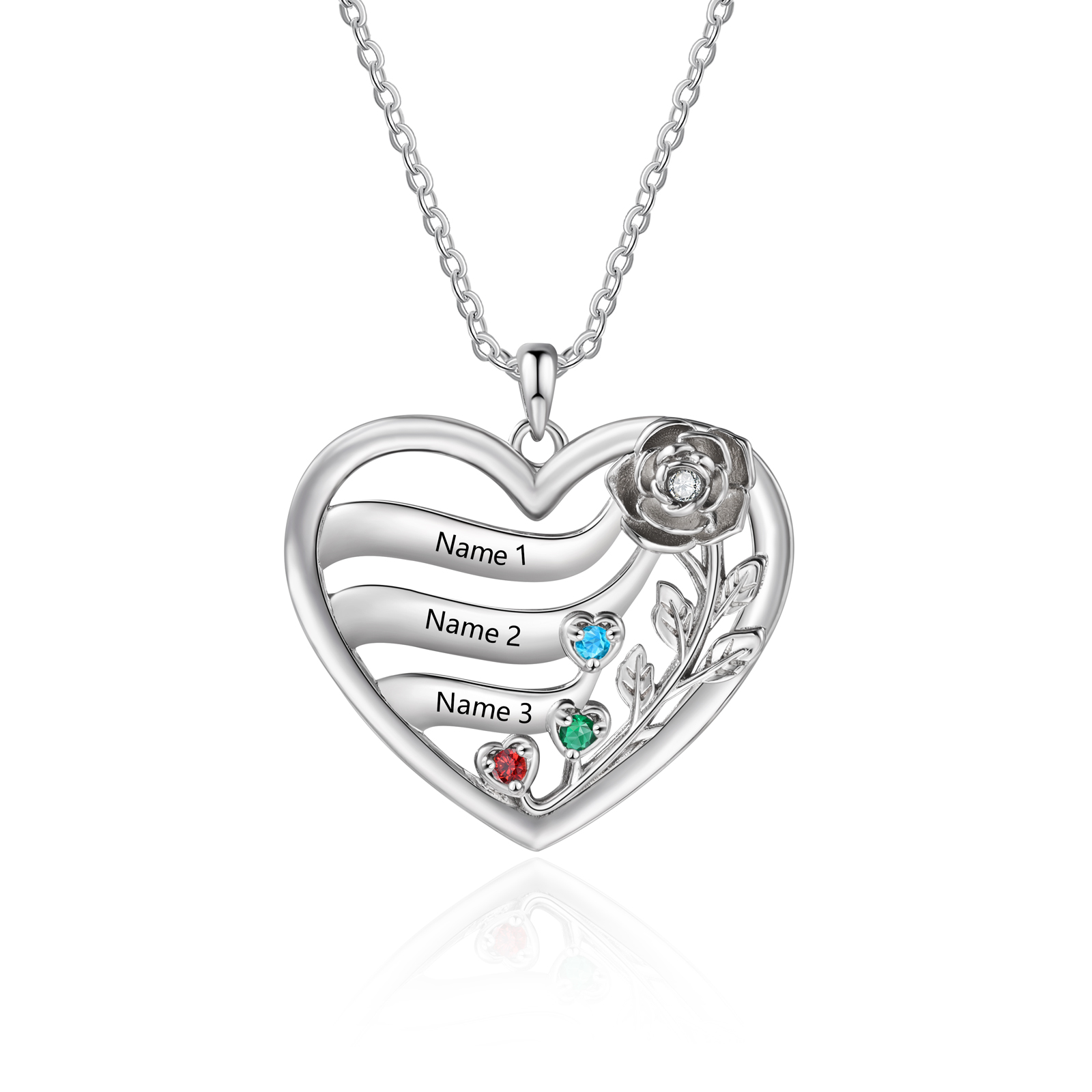 Personalized Rose Heart Birthstone Necklace Custom with 2–5 Names