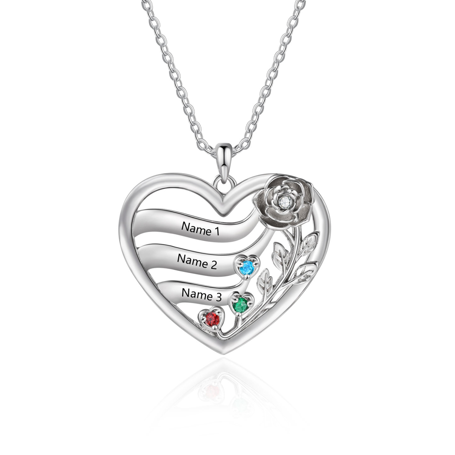 Personalized Rose Heart Birthstone Necklace Custom with 2–5 Names