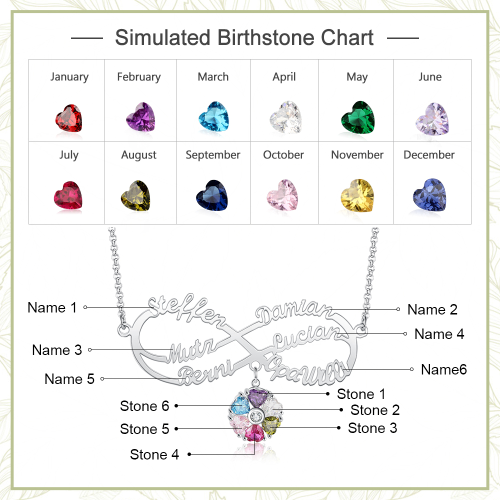 Personalized Infinity Necklace With 6 Birthstones Engraved Names Necklace Gift For Women