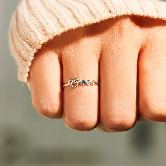 Family Ring Personalized 3 Birthstones Heart Knot Ring Band
