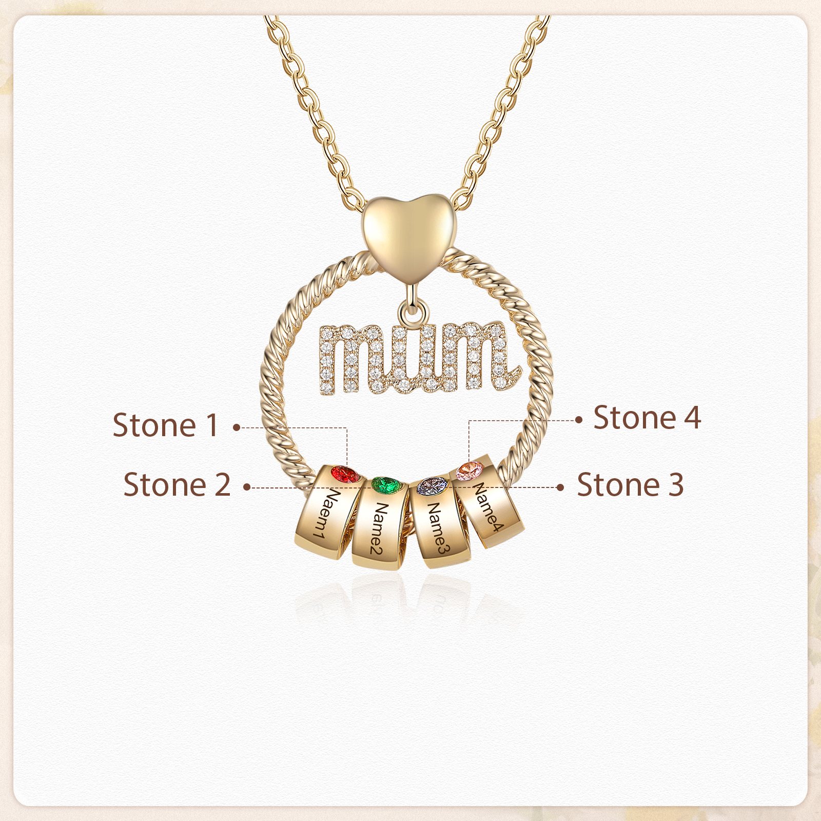 Personalized Circle Necklace With 4 Birthstones Pendant Engraved Names Gift For Mum