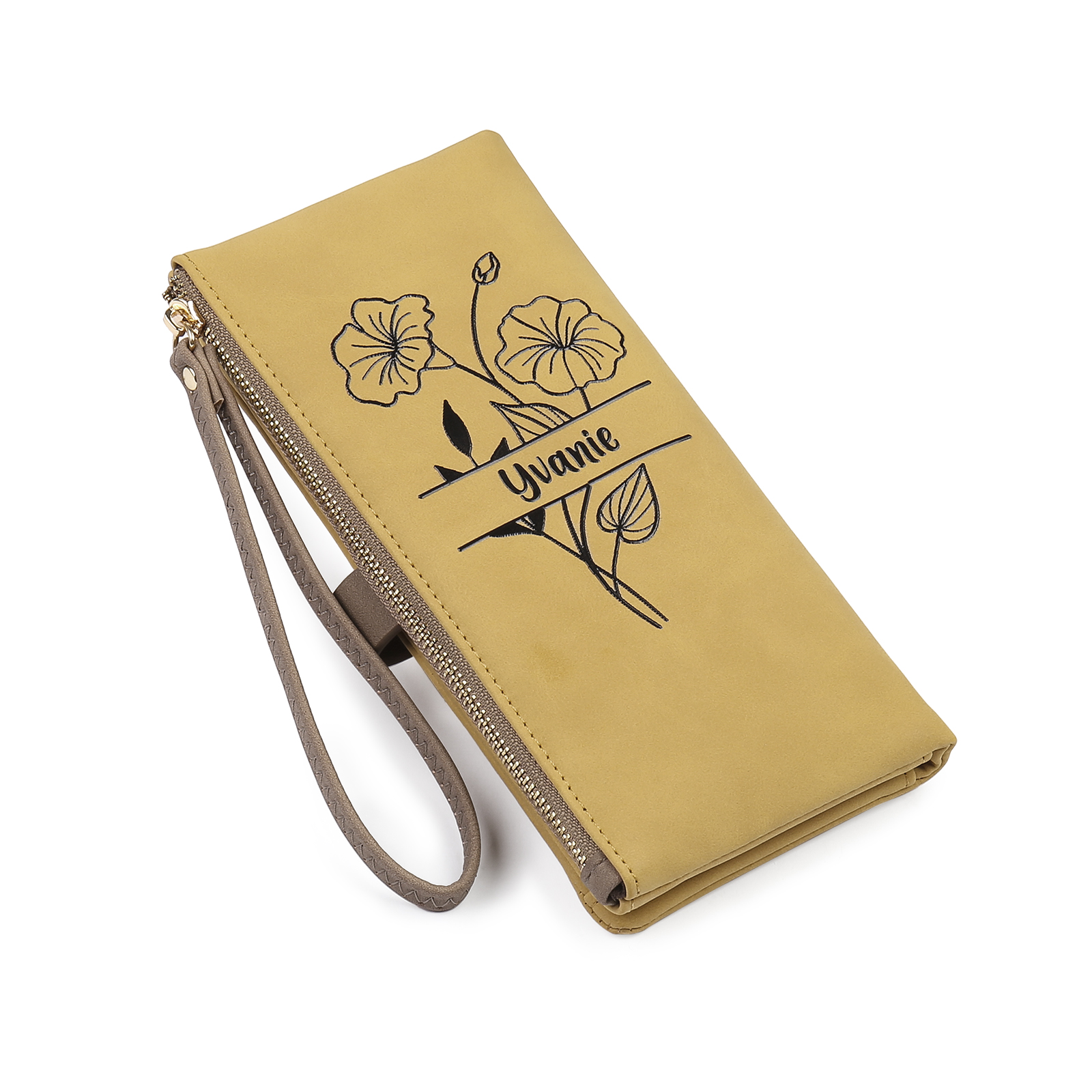 Personalized Women's Wallet Customized Birth Flower and Name Zipper Women's Wallet