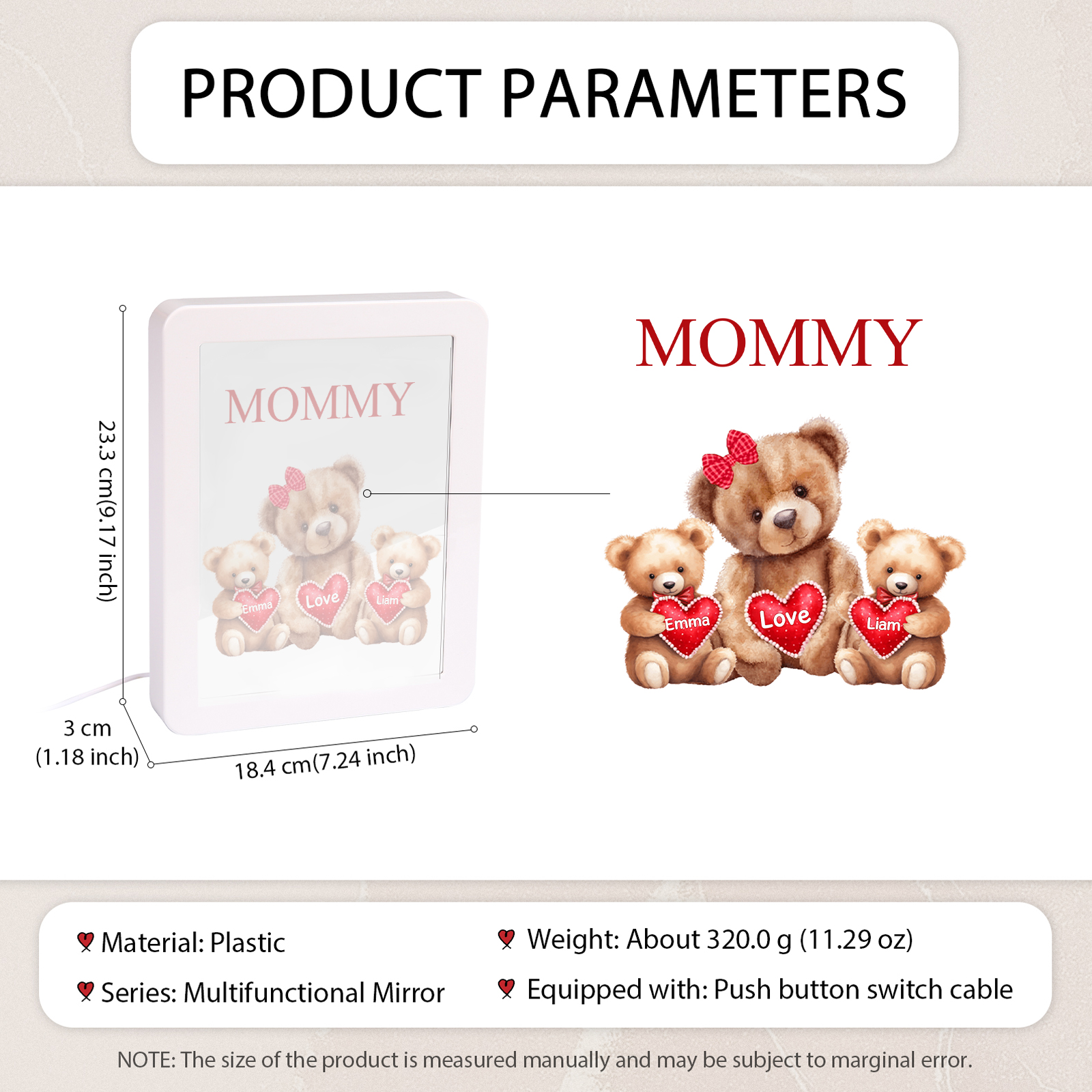 2 Names - Personalized Mum Home Bear Style Custom Text LED Night Light Gift for Mom