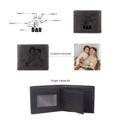 4 Names - Personalized Photo Custom Leather Men's Folding Wallet as a Father's Day Gift for Dad