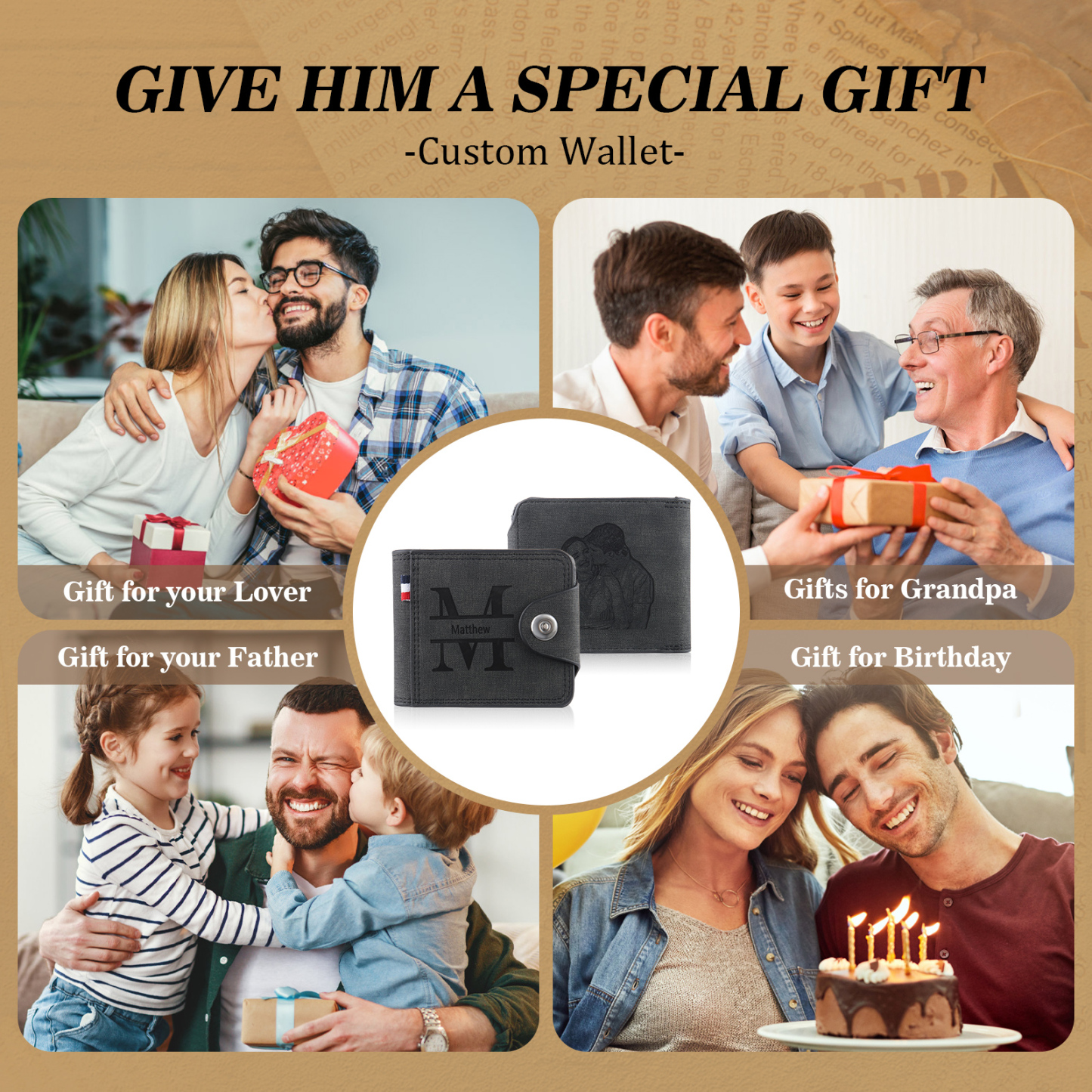 Personalized Name Leather Men's Wallet With Card Slot Engraved Letter & Photo with Gift Box Gift For Him | Jessemade