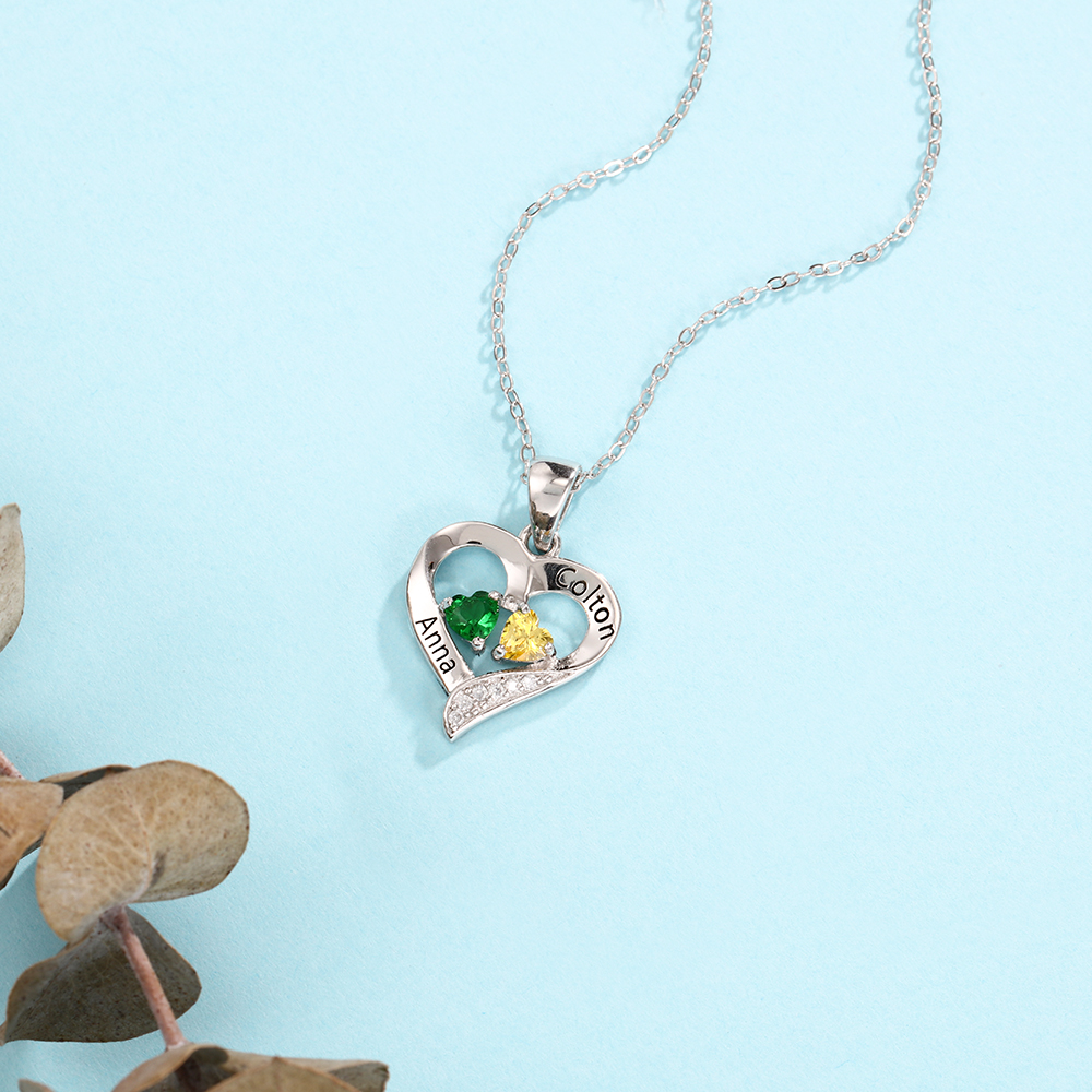 Personalized Heart Necklace With Names Custom 2 Birthstones Gifts For Women